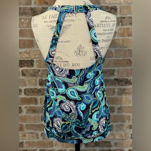 Lands end blue paisley tankini top size 10 molded cups shelf bra - Picture 4 of 8